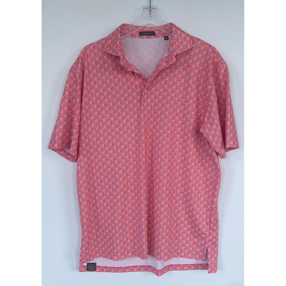 Castaway Nantucket Island Mens M Floral Print Polo Shirt Pink Orange Blue Cotton